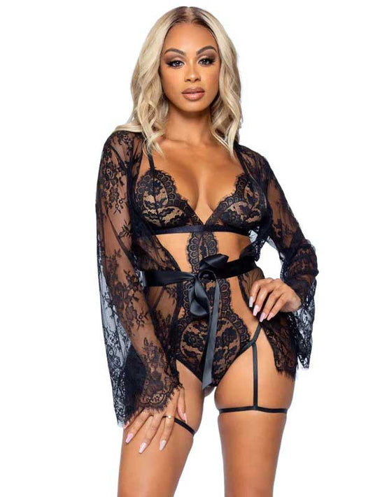 \"All Romance Lace Teddy and Robe Set - Large - Black LA-86123BLKL\"