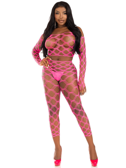 \"2 Pc Net Crop Top and Footless Tights - One Size - Neon Pink LA-89325NPNKOS\"