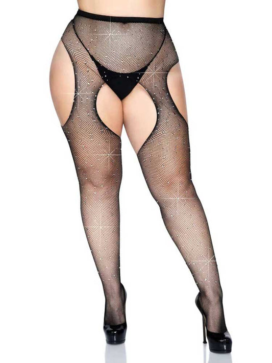 \"Casey Rhinestone Fishnet Suspender Pantyhose - Queen - Black LA-9108XBLKQ\"