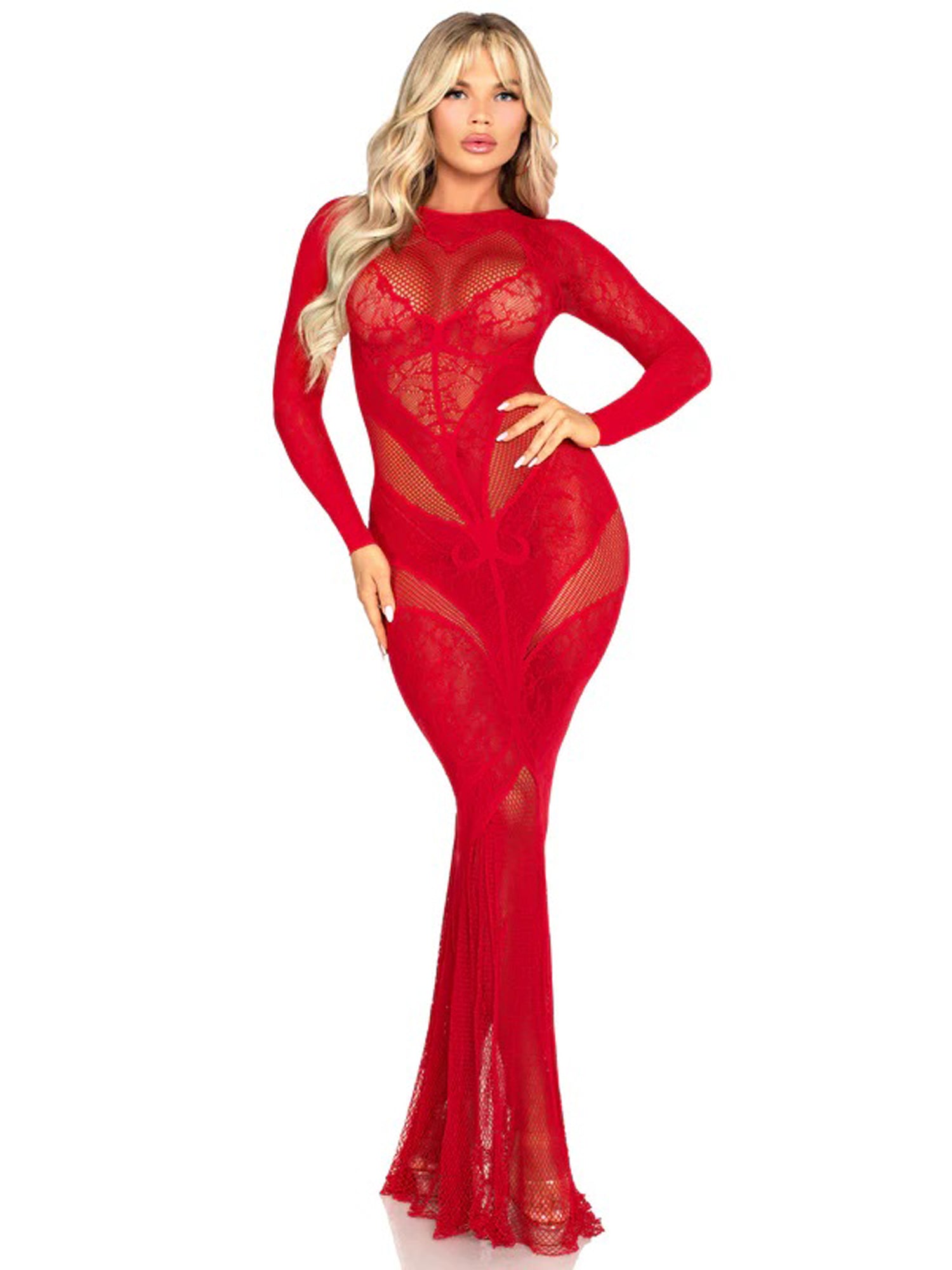 \"Red Lace and Net Body Con Gown - With Heart Keyhole Detail - Os LA-86005REDOS\"