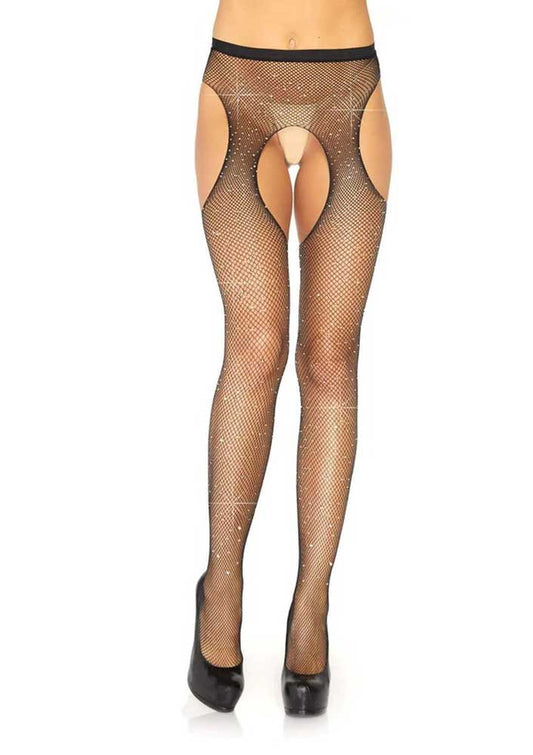 \"Casey Rhinestone Fishnet Suspender Pantyhose - One Size - Black LA-9108BLKOS\"