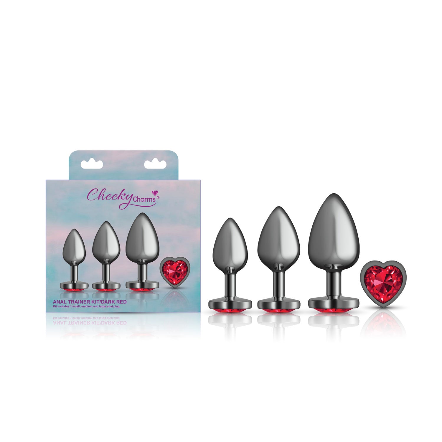 Cheeky Charms - Metal Butt Plug Gunmetal - Heart Dark Red - Anal Trainer Kit