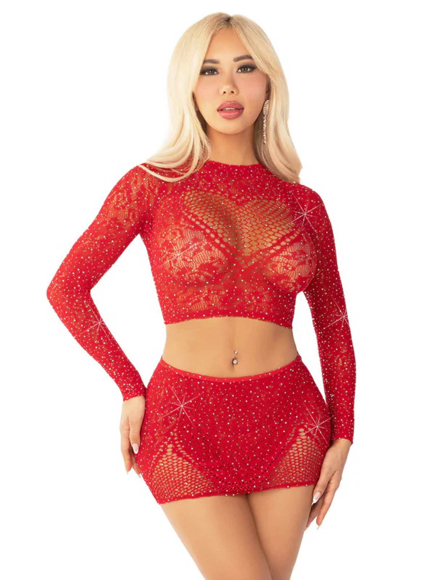 \"Red 2pc Rhinestone Lace and Net Crop Top with - Heart Keyhole Mini Skirt - Os LA-81668REDOS\"