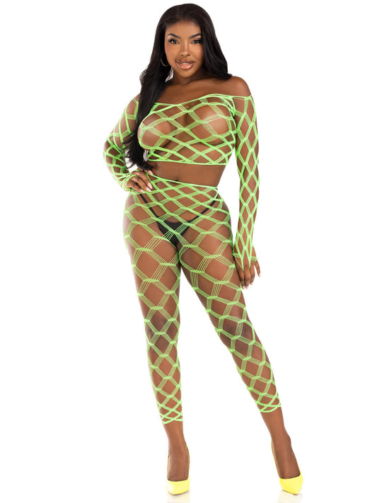 \"2 Pc Net Crop Top and Footless Tights - One Size - Neon Green LA-89325NGRNOS\"