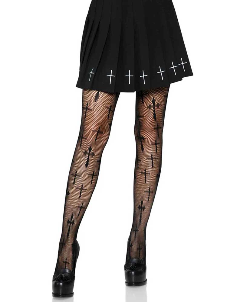 \"Worship Me Cross Net Tights - 1x/2x - Black LA-9753XBLK1X2\"