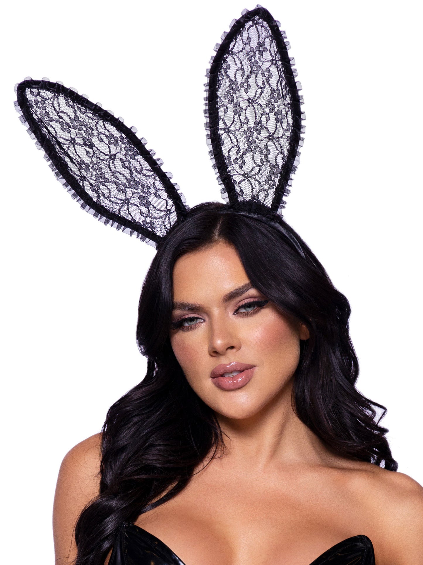 Ruffle Trimmed Bendable Lace Bunny Ears - Black LA-A2912