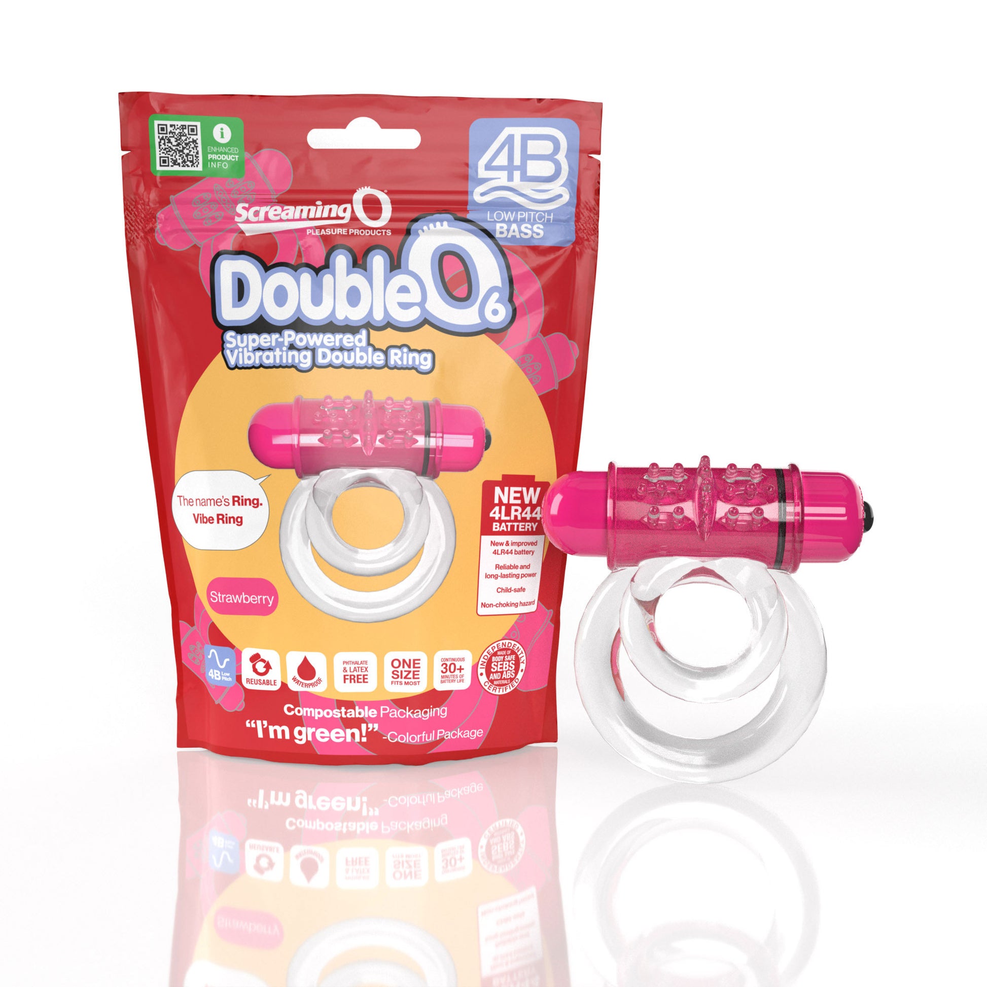 Screaming O 4b - Double O Super Powered Vibrating Double Ring - Strawberry