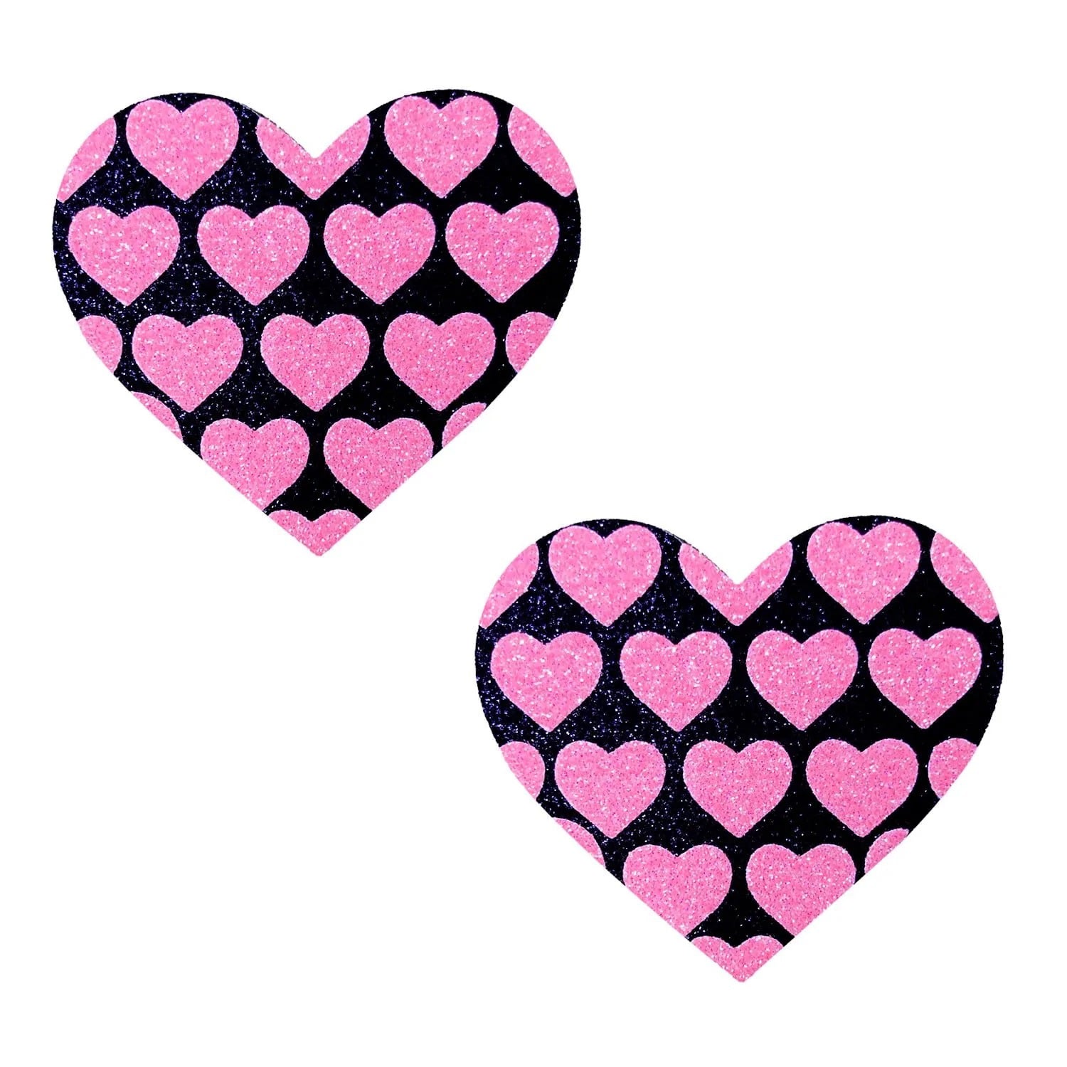 \"Pink Heart Neon Valentines Black Glitter Heart Nipple Cover Pasties NN-PHT-HRT-BM\"