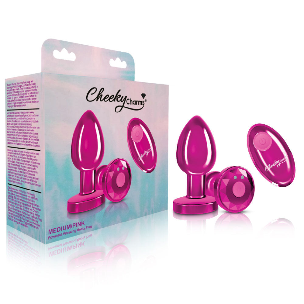 Cheeky Charms - Rechargeable Vibrating Metal Butt Plug With Remote Control - Pink - Medium