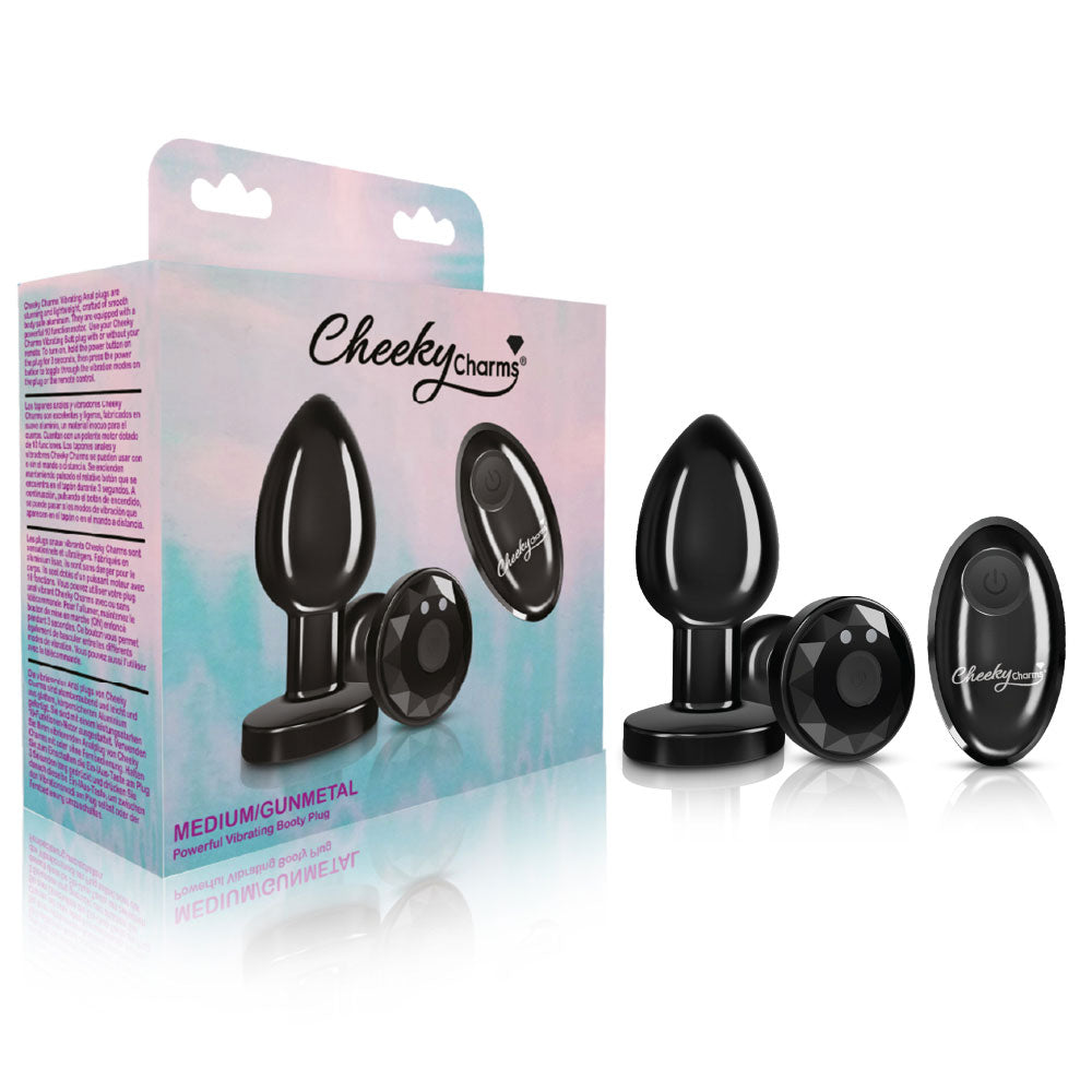 Cheeky Charms - Rechargeable Vibrating Metal Butt Plug With Remote Control - Gunmetal - Medium