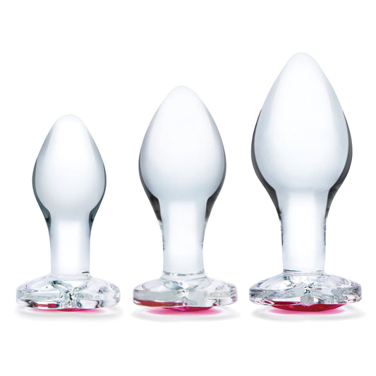 \"3 Pc Heart Jewel Glass Anal Training Kit - Clear/pink GLAS-SET-08\"