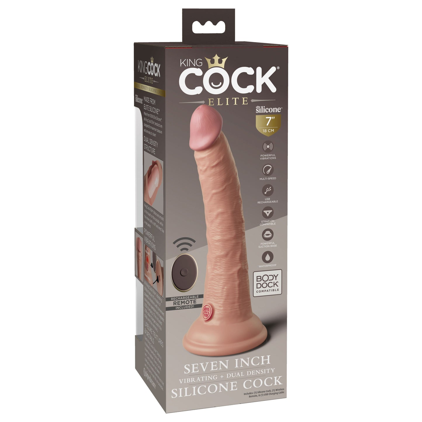 King Cock Elite 7 Inch Vibrating Silicone Dual  Density Cock With Remote - Light