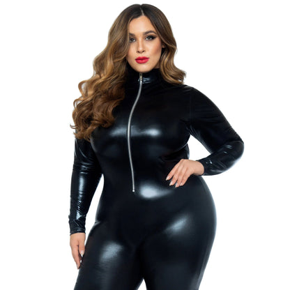 Lame Zipper Front Catsuit - 1x/2x - Black