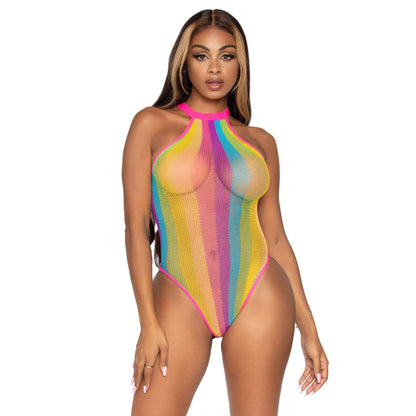 Rainbow Striped Halter Bodysuit With Snap Crotch - One Size - Multicolor