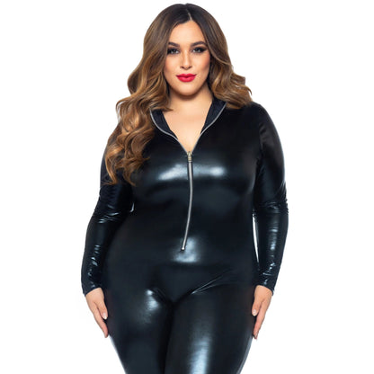 Lame Zipper Front Catsuit - 1x/2x - Black