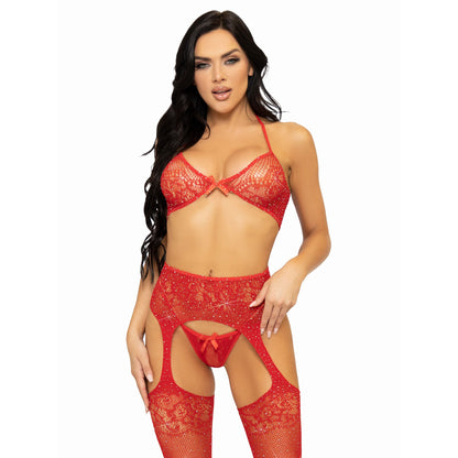 3 Pc Rhinestone Bra Top, G-String, and Garter Belt Stockings - One Size - Red