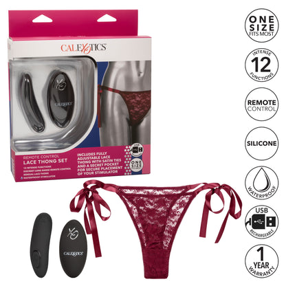 Remote Control Lace Thong Set - Burgundy