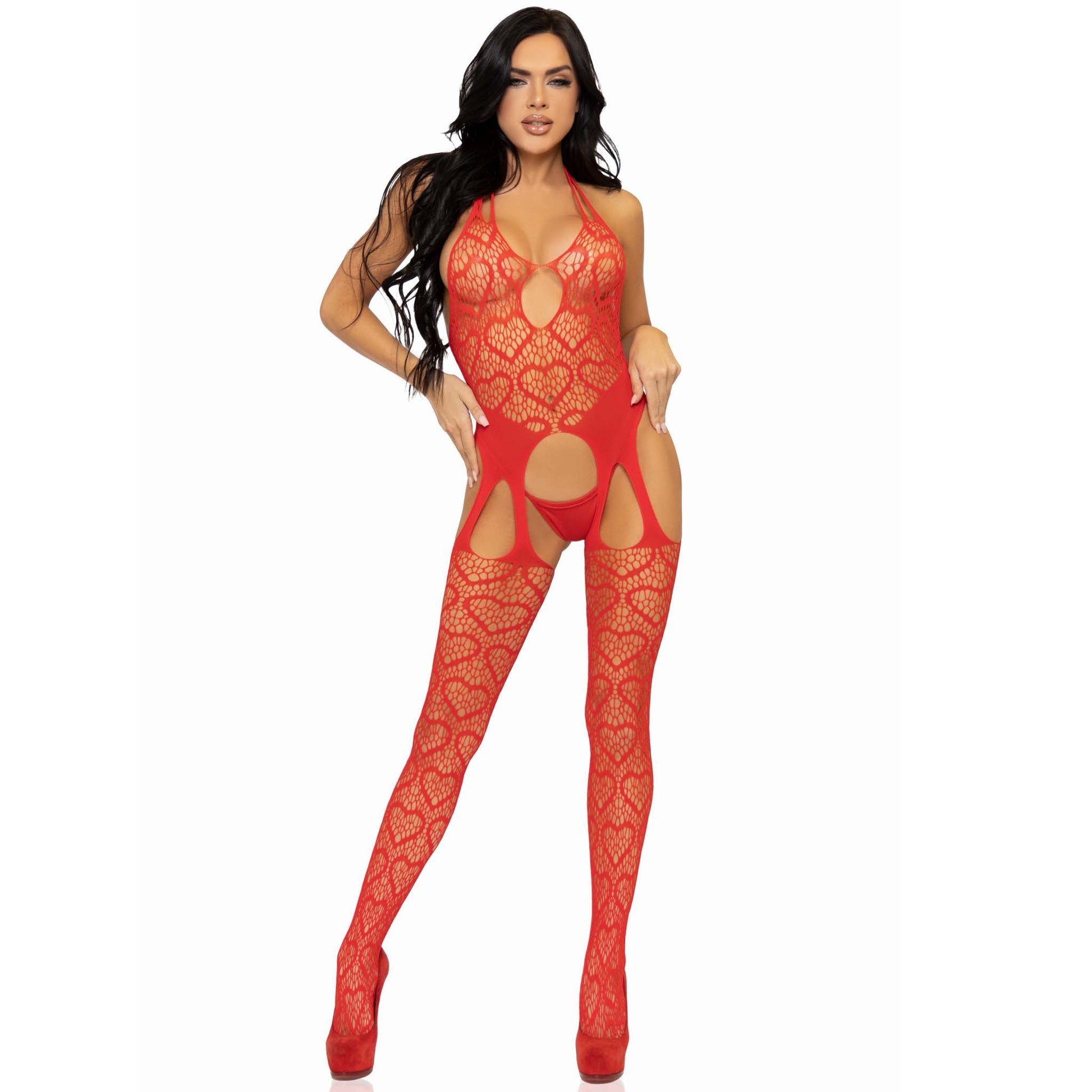 Seamless Heart Net Suspender Bodystocking - One  Size - Red