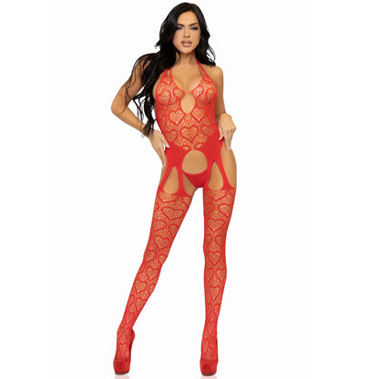 Seamless Heart Net Suspender Bodystocking - One  Size - Red