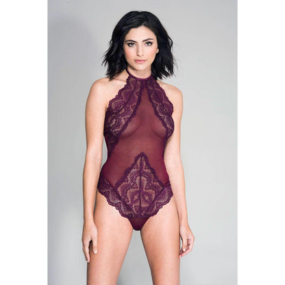 High Neck Scalloped Trim Lace Teddy With Sheer  Back - One Size - Burgundy