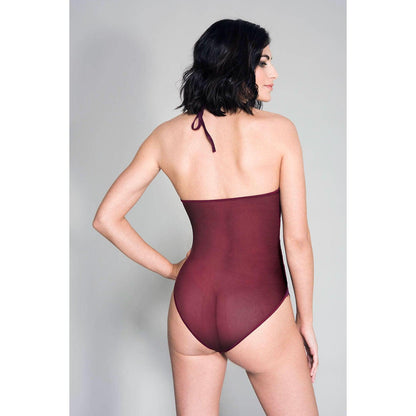 High Neck Scalloped Trim Lace Teddy With Sheer  Back - One Size - Burgundy