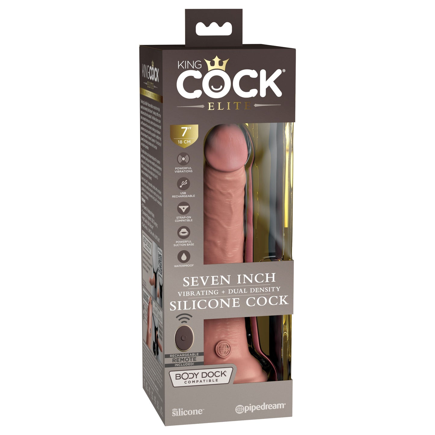 King Cock Elite 7 Inch Vibrating Silicone Dual  Density Cock With Remote - Light