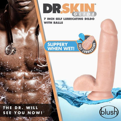 Dr. Skin Glide - 7 Inch Self Lubricating Dildo  With Balls - Vanilla