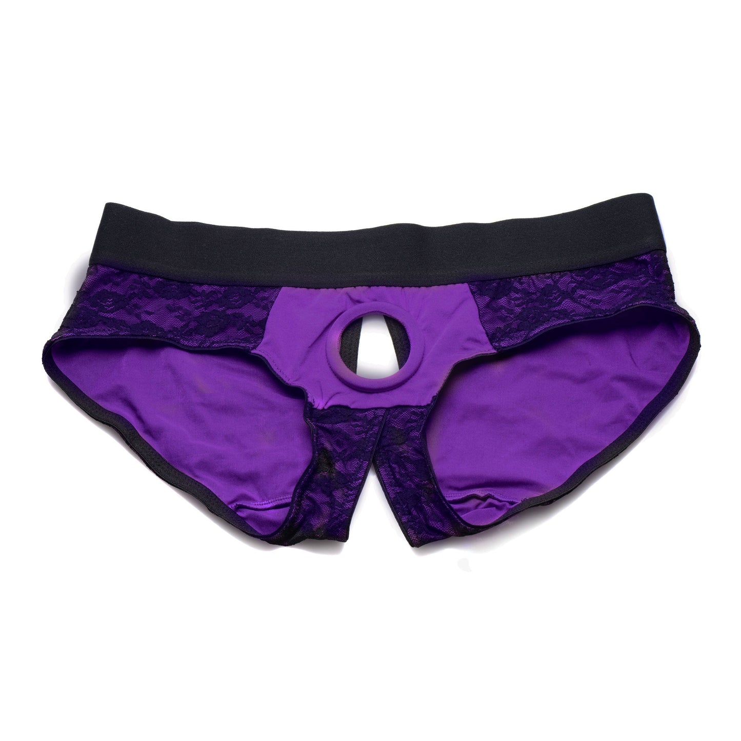 Lace Envy Crotchless Panty Harness - L/ XL Purple and Black